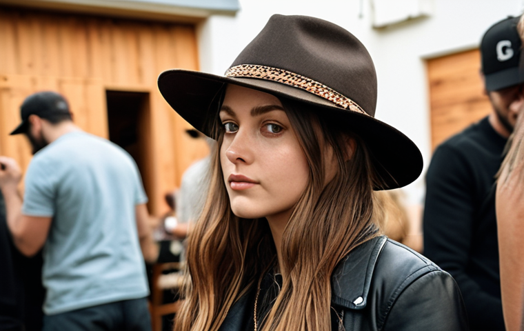 **A person confidently wearing a stylish "Deekies" or "Carhartt" hat at a social gathering.** (Focus: Fashionable, confident, social)