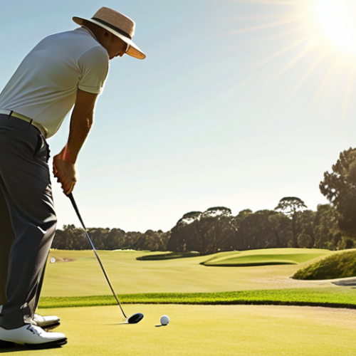 **Golfing under the sun:** A golfer wearing a sun hat on a bright, sunny golf course, focusing on aiming the ball.