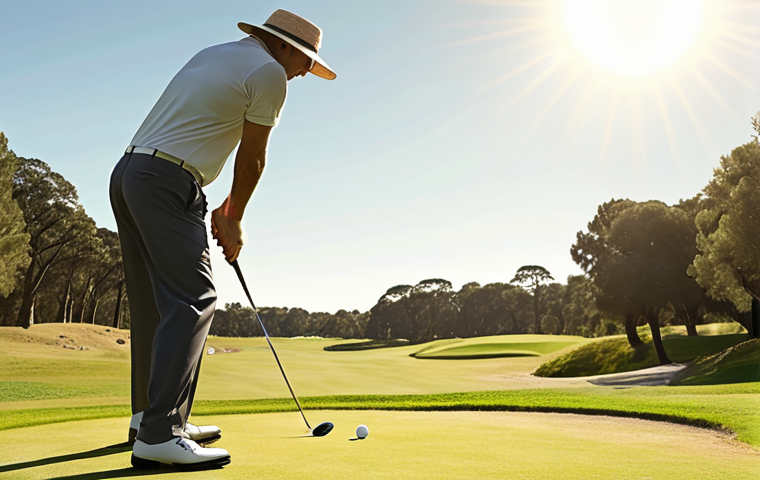 **Golfing under the sun:** A golfer wearing a sun hat on a bright, sunny golf course, focusing on aiming the ball.